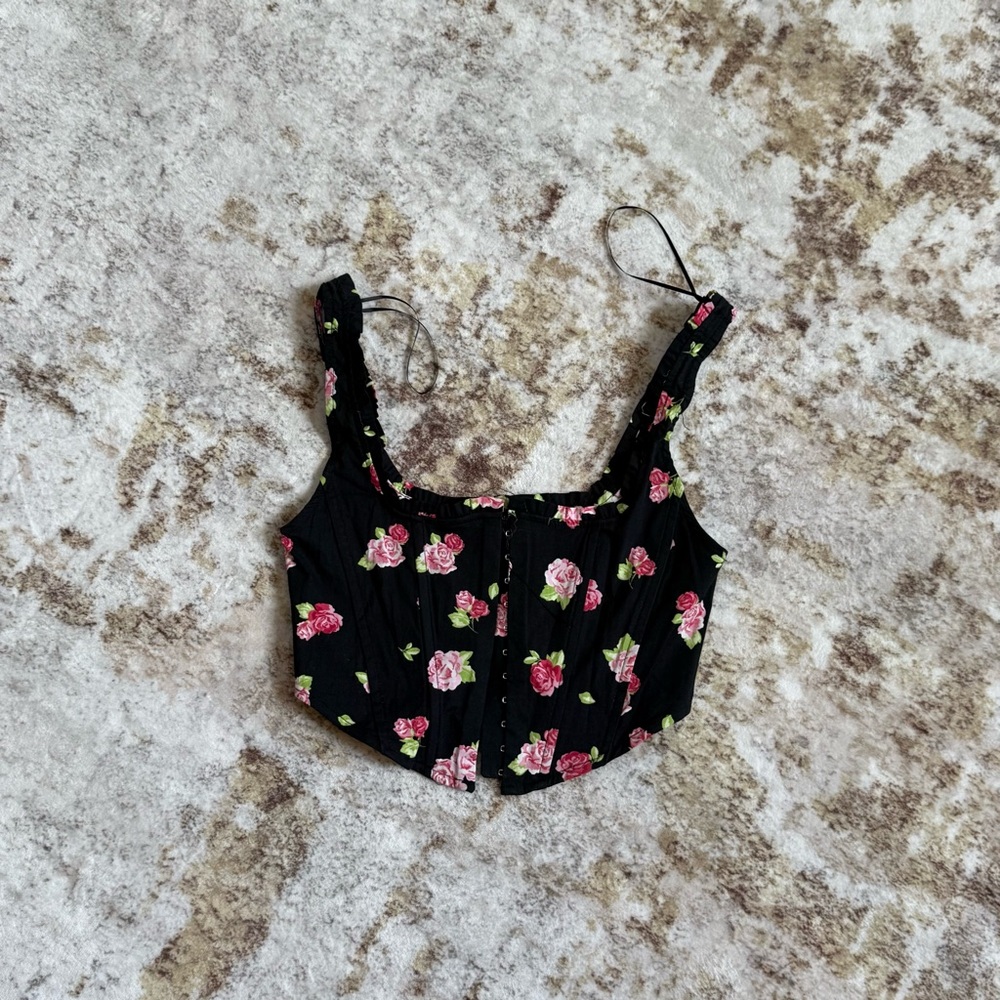 Stradivarius Black Floral Corset Crop Top
